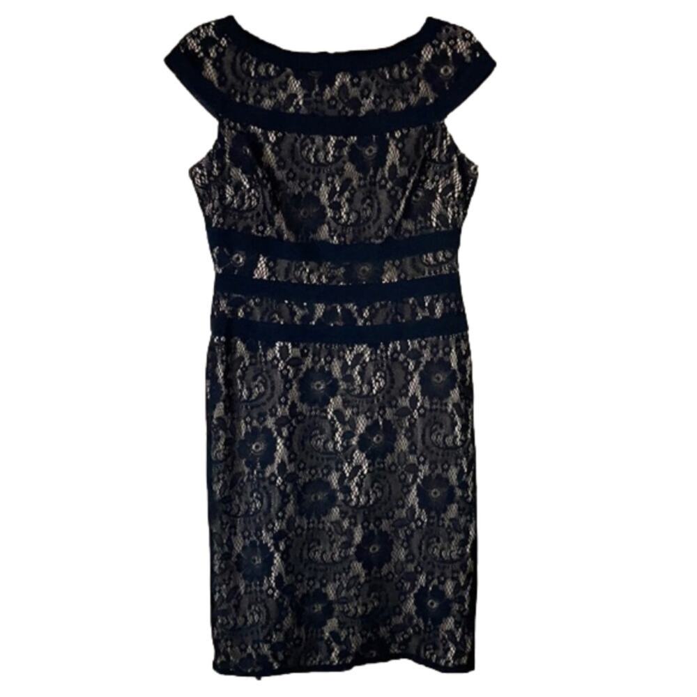 Adrianna Papell Cap Sleeve Black Lace Sheath Dress Size 8